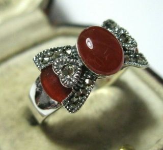 Vintage Style Art Deco Sterling SILVER Marcasite Red Onyx RING Size N 6.  75 5