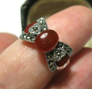 Vintage Style Art Deco Sterling SILVER Marcasite Red Onyx RING Size N 6.  75 6