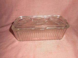 Vintage Federal Ribbed Clear Glass Loaf Refrigerator Dish W/ Vegetable Motif Lid