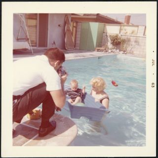 Kodak Moment Snapshot Of Boy & Mom In The Swimming Pool Vintage Photo
