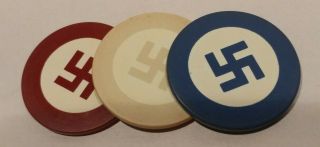 3 Antique Poker Chips Clay Vintage Rare Good Luck Lucky Swastika Design 3 Colors