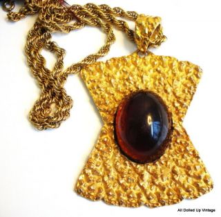 Vintage Necklace Big Golden Nugget Pendant Necklace Smoked Topaz Color Oval Cab