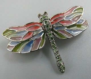 Vintage Jewelry Signed Monet Green Red Blue Dragonfly Brooch Pin Rhinestone Lote