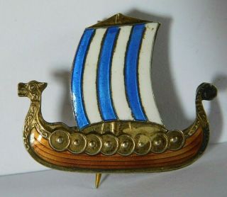 Vintage Norwegian Solid Silver 925s And Enamel Viking Ship Brooch / Pin
