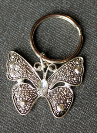 Vintage Silver & Diamond Rhinestone Butterfly Keyring Keychain Key Chain / Ring
