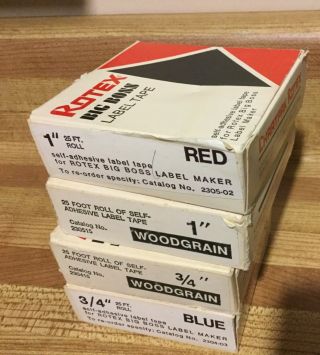 Set Of 4 Vintage Rotex Big Boss Label Tape 1 Red 2 Woodgrain 1 Blue