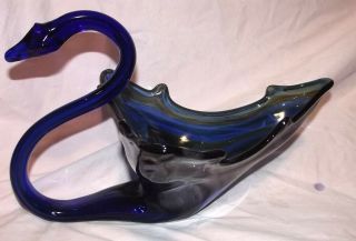 Vintage Cobalt Blue Large Swan Center Piece Bowl Murano Style Art Glass Figurine
