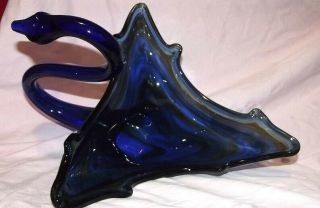 Vintage Cobalt Blue Large Swan Center Piece Bowl Murano Style Art Glass Figurine 2