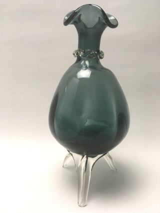 Vintage Hineri Art Glass Footed Vase Frilled Top Grey Made In Japan