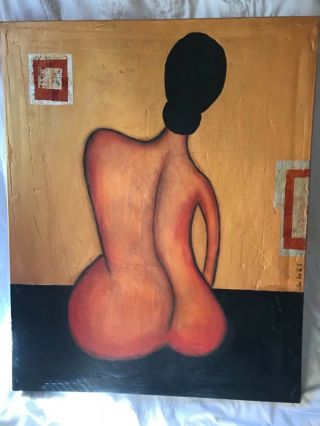 Vintage Nude Female Back Figure Woman Oil Painting Signed