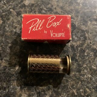 Vintage Volupte Brass Pill Box Tube Hidden Slide Open Side 1.  5 " Art Deco Design