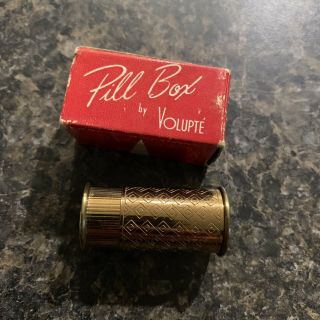 Vintage Volupte Brass Pill Box Tube Hidden Slide Open Side 1.  5 