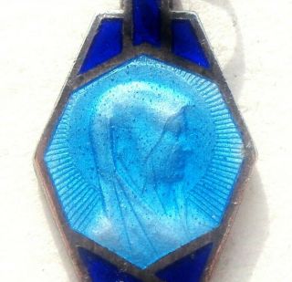 Cloisonne Antique Silver Blue Enamel Medal Pendant To Holy Virgin Mary