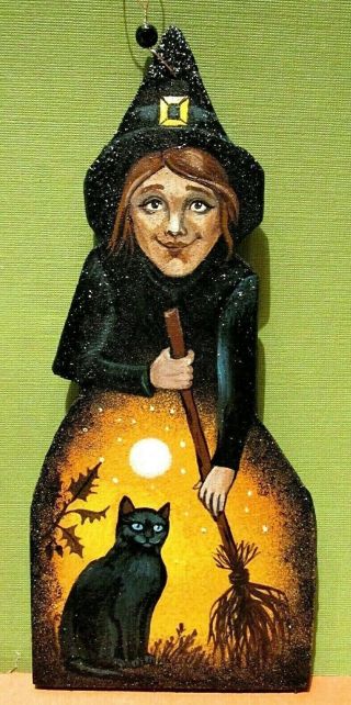 Ooak Hand Made Painted Halloween Ryta Glitter Ornament Black Cat Witch