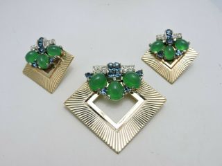 Signed Boucher Vintage Art Deco Jade Green Art Glass & Rhinestone Brooch Set