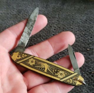 Rare Antique Vintage Toledo 2 Blade Pocket Knife Gold Design Bird