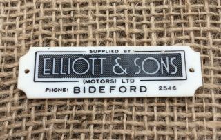 Vintage Elliott & Sons Motors Ltd Bideford Dashboard Plaque Badge