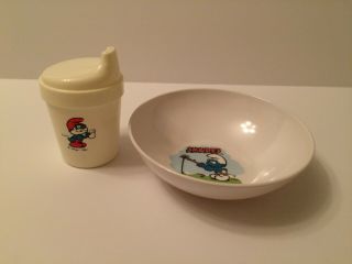 1982 Vintage Smurfs Deka Bowl And Sippy Cup Papa Smurf