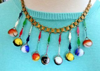 Fun 1970 ' s Vintage Fringed Necklace Earrings Set Glass Marbles Enamel 6