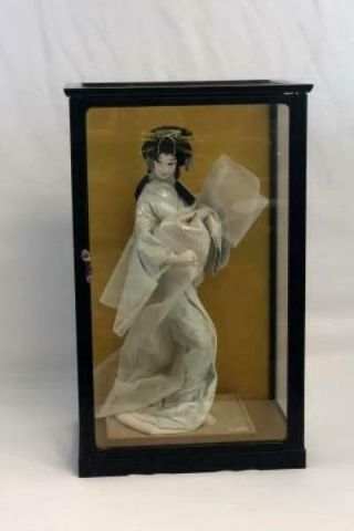 Vintage Nishi Co Japanese 18 " Geisha Doll Figure Glass Case White Gown