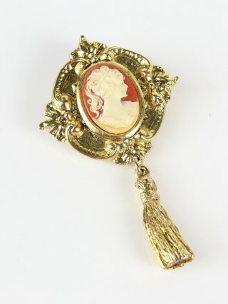 Vintage Costume Fashion Gold Tone Tassel Dangle Victorian Lady Cameo Brooch Pin