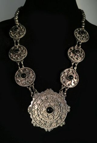 Vintage Gray Medallions W Black Stones & Beads Necklace,  Gift