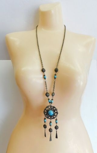 Vintage Turquoise Color Stones Silver Tone Long Necklace Southwestern Tribal Nh