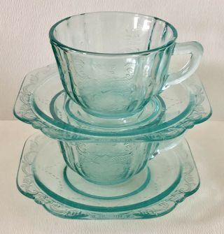 Vintage Aqua Blue Depression Federal Pressed Glass Madrid Cup & Saucer Set X2