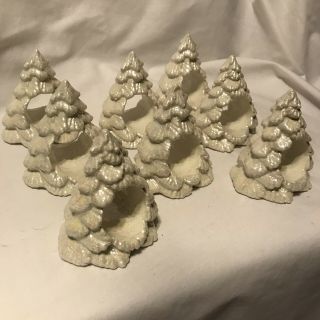Vintage Set/8 White Iridescent Christmas Tree Ceramic Napkin Ring Holders