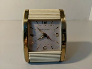 Vintage Mid Century Westclox Travel Folding Alarm Clock Gold Ivory Metal