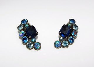 Vintage Signed Weiss Blue & Ab Rhinestone Clip On Earrings Costume Jewelry