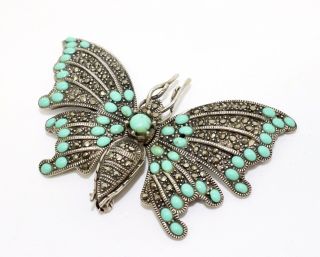 A Vintage Sterling Silver 925 Articulated Marcasite & Turquoise Butterfly Brooch