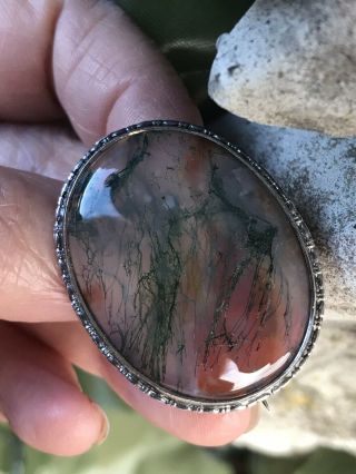 UNUSUAL VINTAGE STERLING SILVER SCOTTISH MOSS AGATE BROOCH/PIN 6