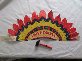 Vintage " Chief Paints " Indian Headdress Toy Paper Hat & Wood Tomahawk - Exc Cond