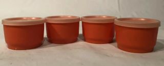4 Vintage Tupperware Bright Orange Snack Cups 1229 W/lids Vgc