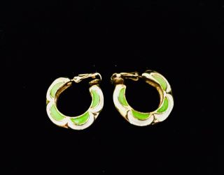 Vintage Neon Lime Green & White Enamel Hoop Dangle Clip Earrings 60 