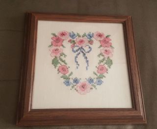 Vtg Finished Cross Stitch Square Framed Wall Art : Heart Pink Flowers Blue Bow