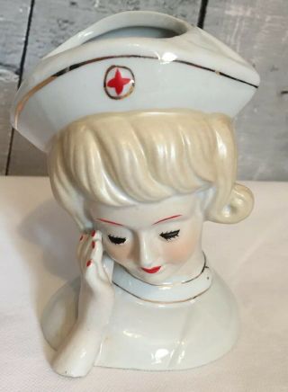Vintage Red Cross Nurse Lady Head Vase Hand Painted Nippon 5.  5 Inches Tall