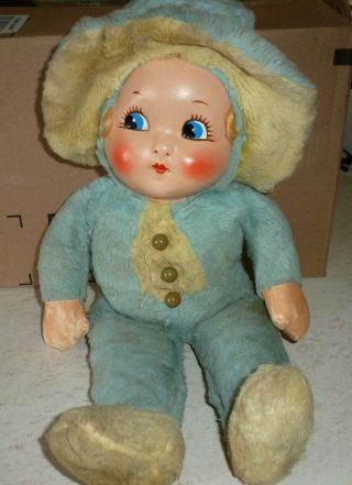 Vintage Plush Doll Stuffed Cloth Plastic Hands Hand Painted Face Mask Toy 1940s