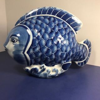 Vintage Flow Blue Ceramic Porcelain Fish Statue Figurine Sculpture Asian Puffer