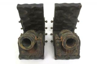 Vintage Terracotta Clay,  Metal And Wood Swivel Cannon Bookends Made In Spain
