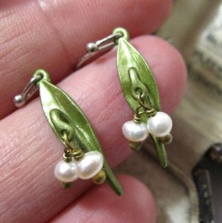 Vintage Style Art Deco Enamel Real Pearl Lily Of The Valley Drop Earrings