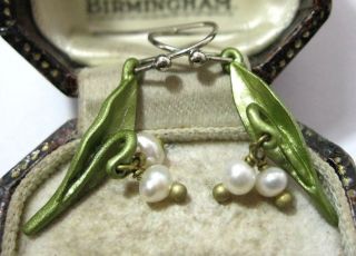 Vintage Style Art Deco Enamel Real Pearl Lily of the Valley Drop EARRINGS 2