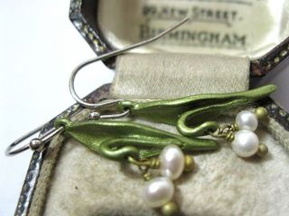 Vintage Style Art Deco Enamel Real Pearl Lily of the Valley Drop EARRINGS 3