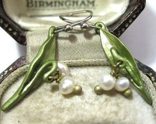 Vintage Style Art Deco Enamel Real Pearl Lily of the Valley Drop EARRINGS 4