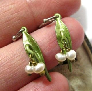Vintage Style Art Deco Enamel Real Pearl Lily of the Valley Drop EARRINGS 5