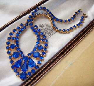 Vintage Magnificent Sapphire Crystal Rhinestone Art Deco 1960s Bib Necklace