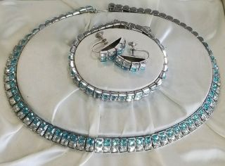 Vintage Blue Clear Rhinestone Choker Necklace Earrings Bracelet Set Rhodium Plat
