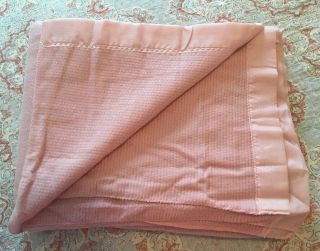 Vintage Acrylic Blanket Satin Binding Twin Full Dark Pink Rose Waffle Weave