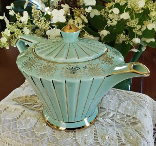 Vintage Sadler Art Deco Teapot Aqua Green Gold Floral Pattern & Gold Trim 2095